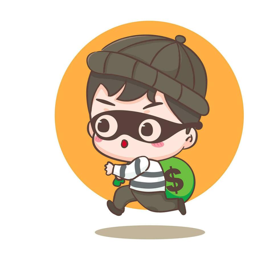 Cute thief stealing money cartoon character. Robber concept design isolated background. Adorable chibi vector art illustration.