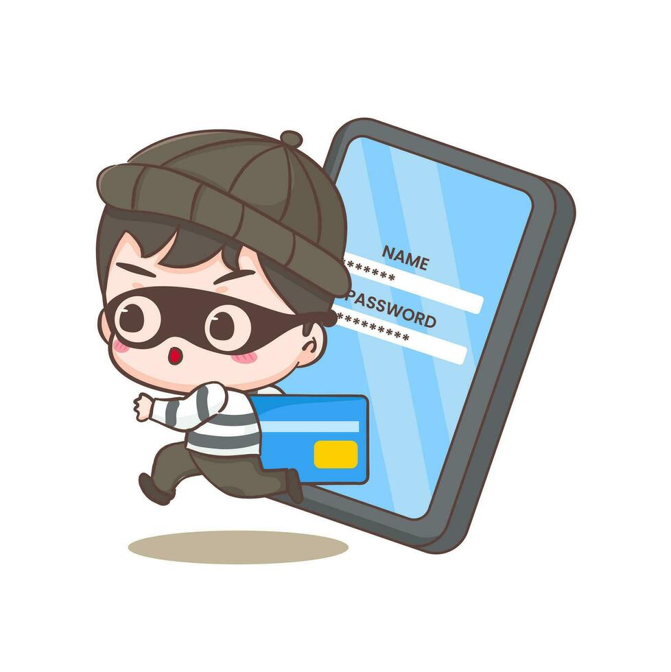 Cute cyber criminals hack and steal credit card information cartoon character. Robber concept design isolated background. Adorable chibi vector art illustration.