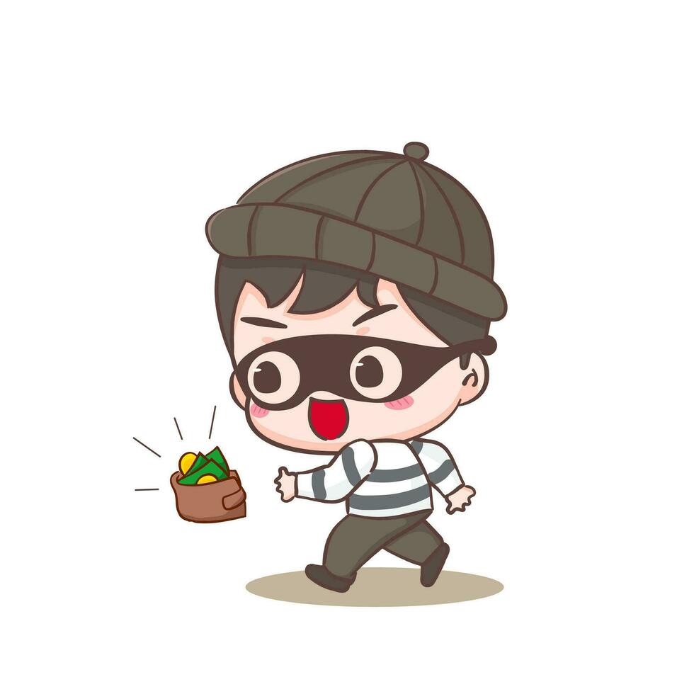 Cute thief stealing money and wallet cartoon character. Robber concept design isolated background. Adorable chibi vector art illustration.