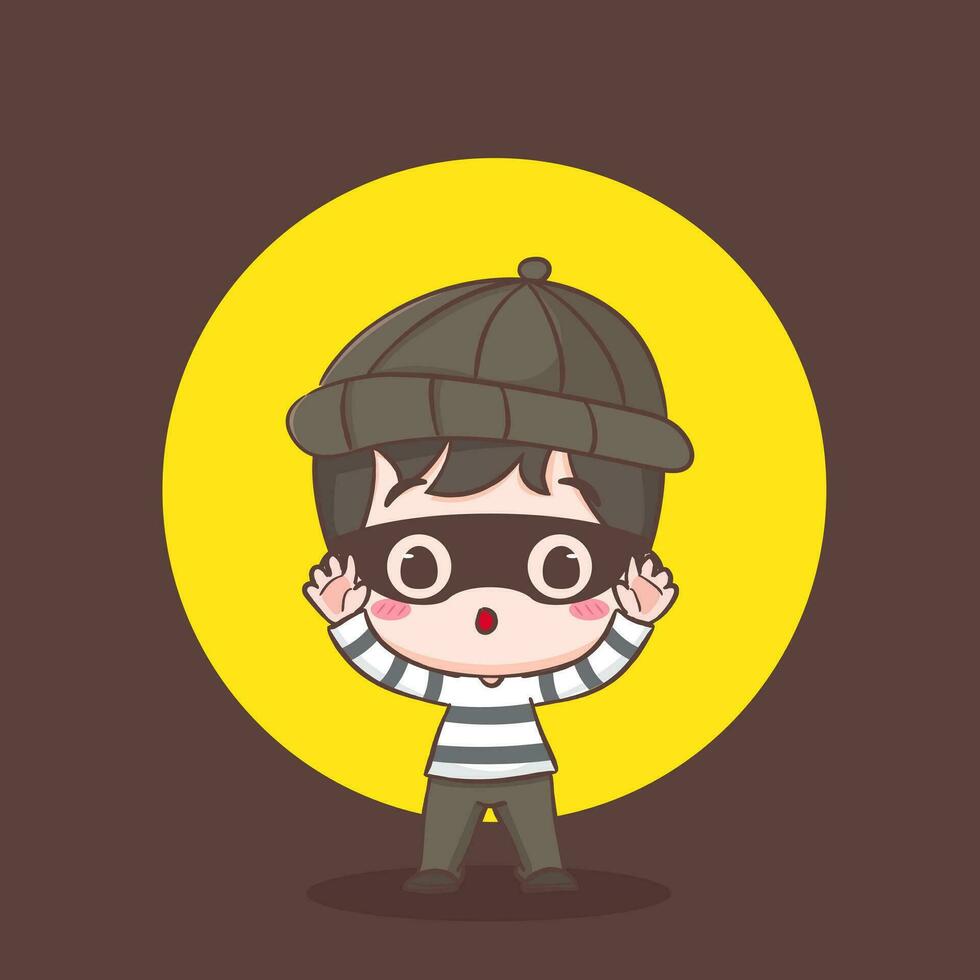 Cute thief caught hands up or give up cartoon character. Robber concept design isolated background. Adorable chibi vector art illustration.