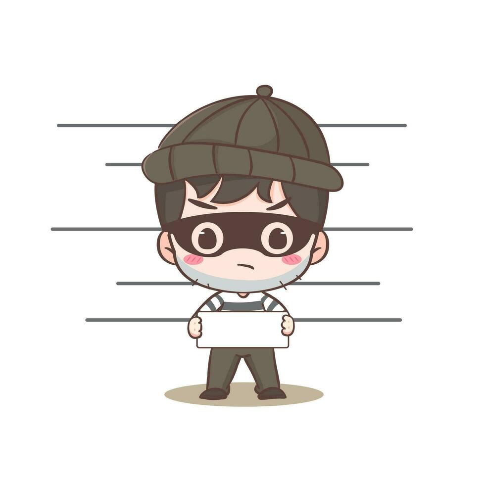 Cute thief suspect holding board cartoon character. Robber concept design isolated background. Adorable chibi vector art illustration.