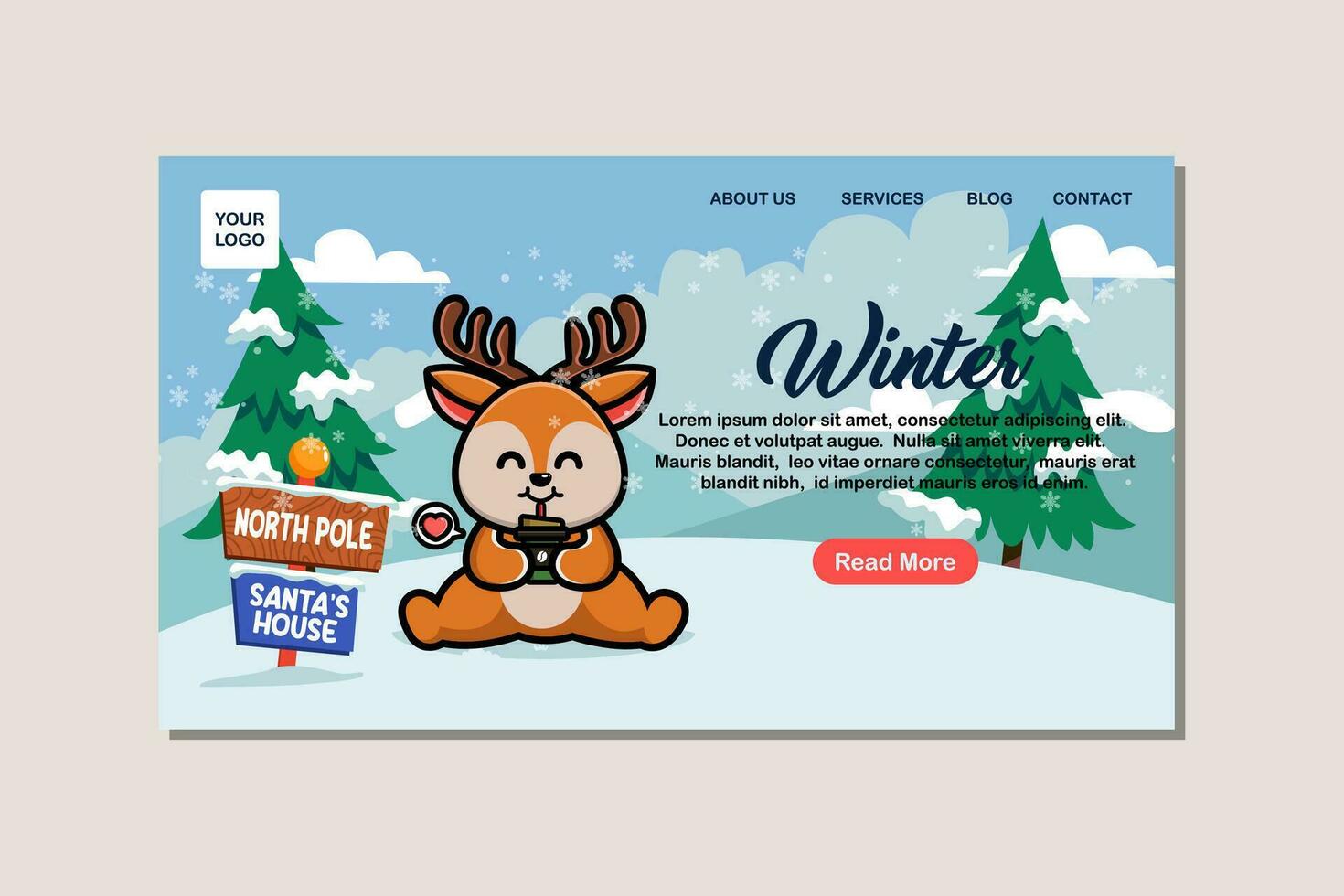 Landing page template for winter with cute deer vector