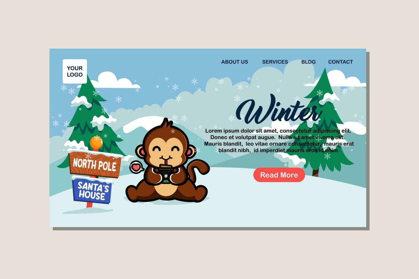 Landing page template for winter with cute monkey vector