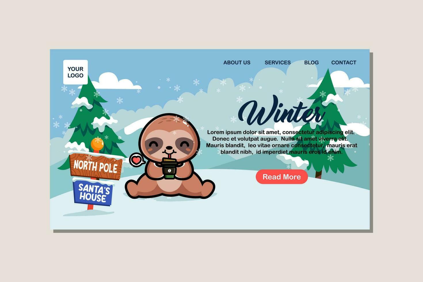 Landing page template for winter with cute sloth vector