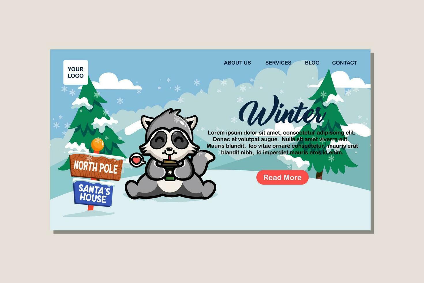 Landing page template for winter with cute raccoon vector