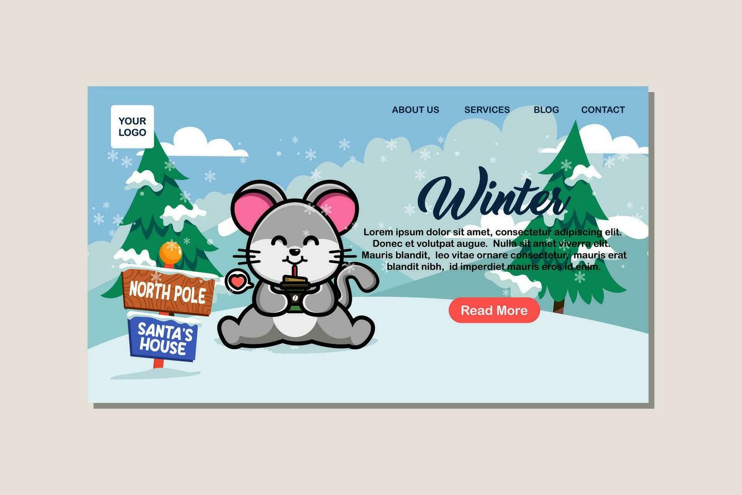 Landing page template for winter with cute mouse vector