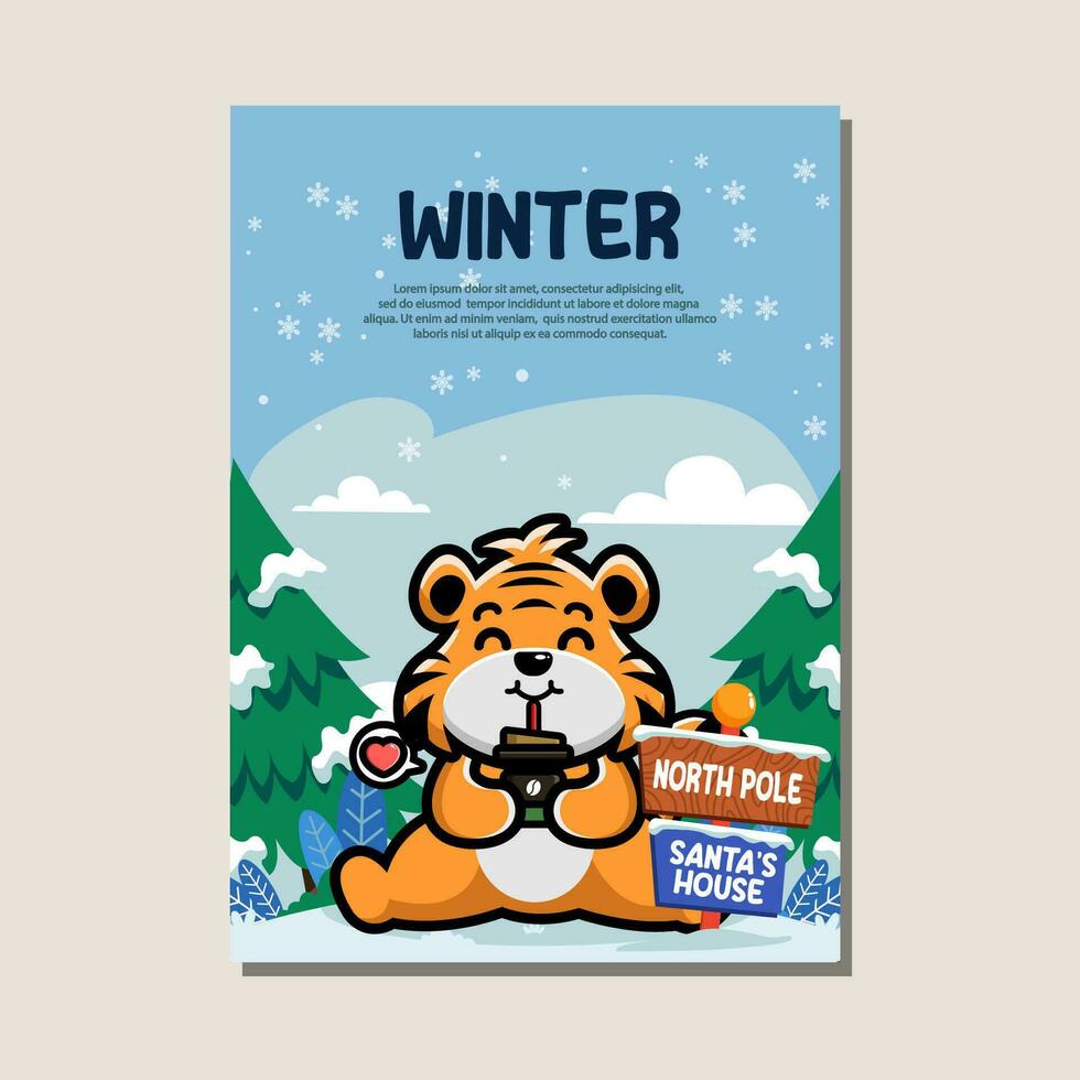 Poster template for winter with cute tiger vector