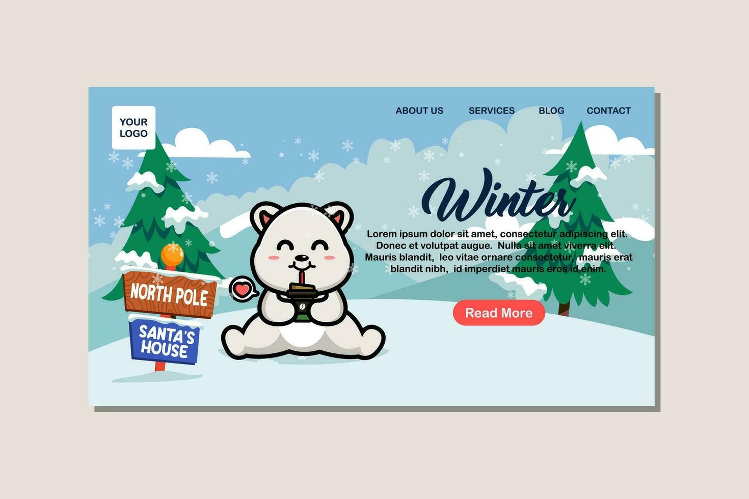 Landing page template for winter with cute polar vector