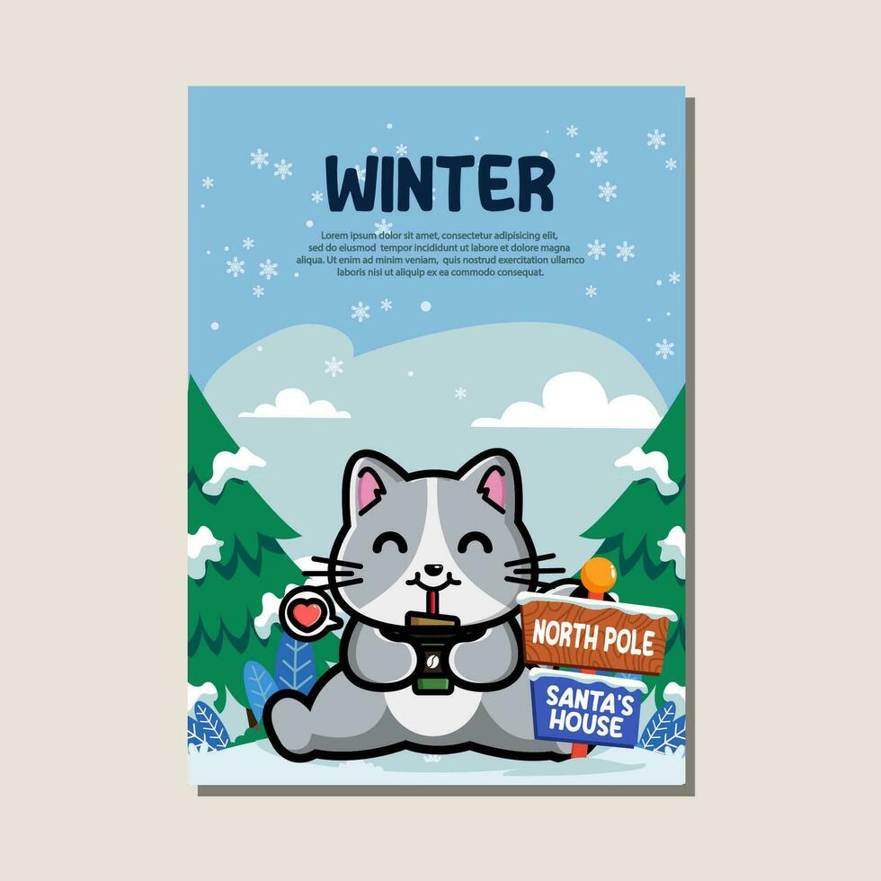 Poster template for winter with cute cat vector