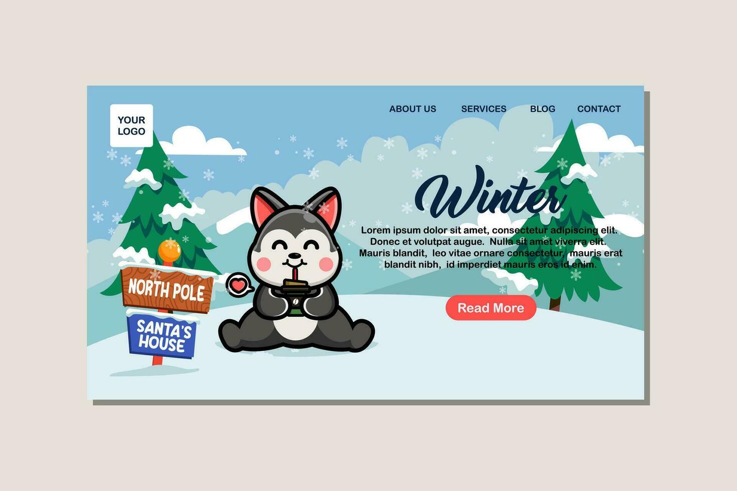 Landing page template for winter with cute husky vector