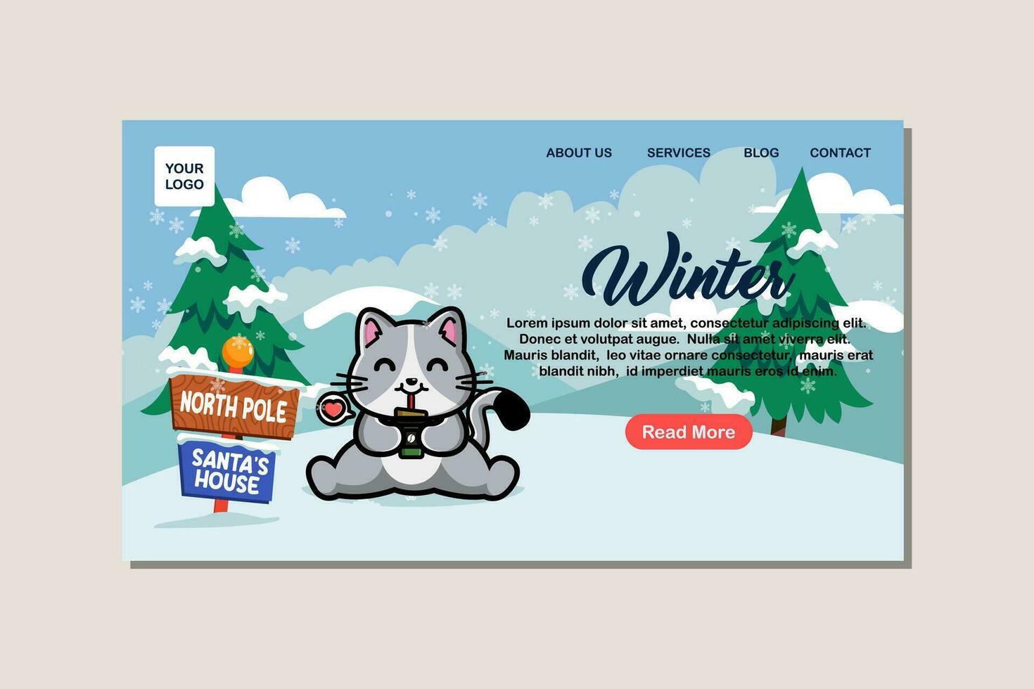 Landing page template for winter with cute cat vector