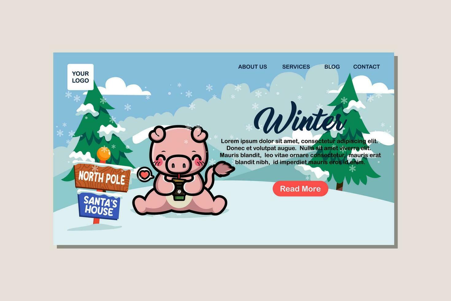 Landing page template for winter with cute pig vector