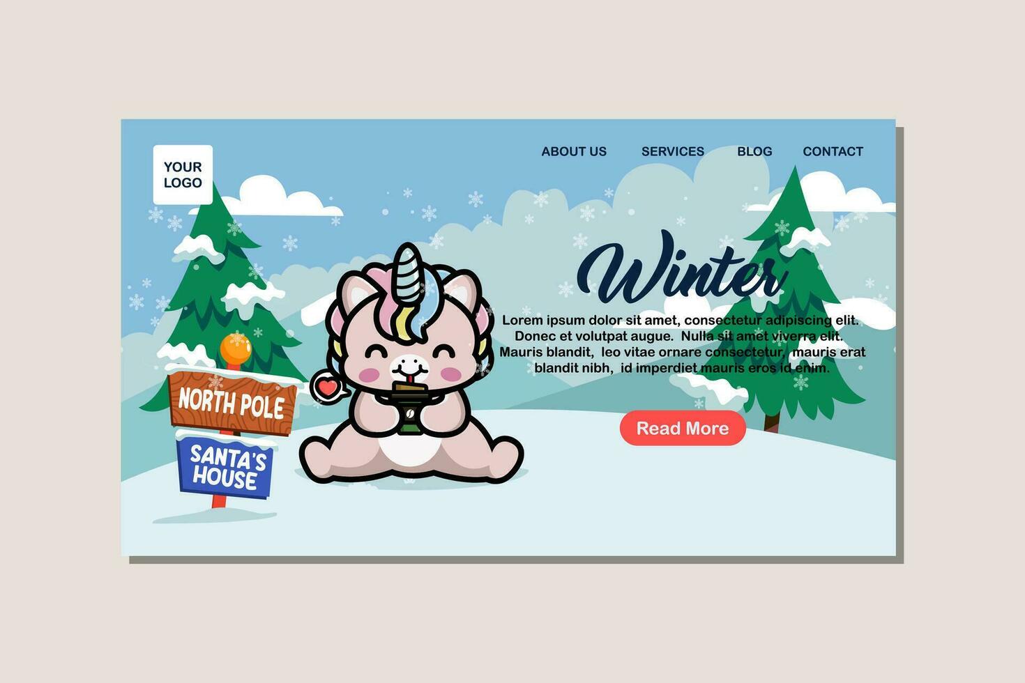 Landing page template for winter with cute unicorn vector