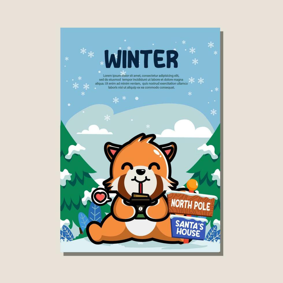 Poster template for winter with cute redpanda vector