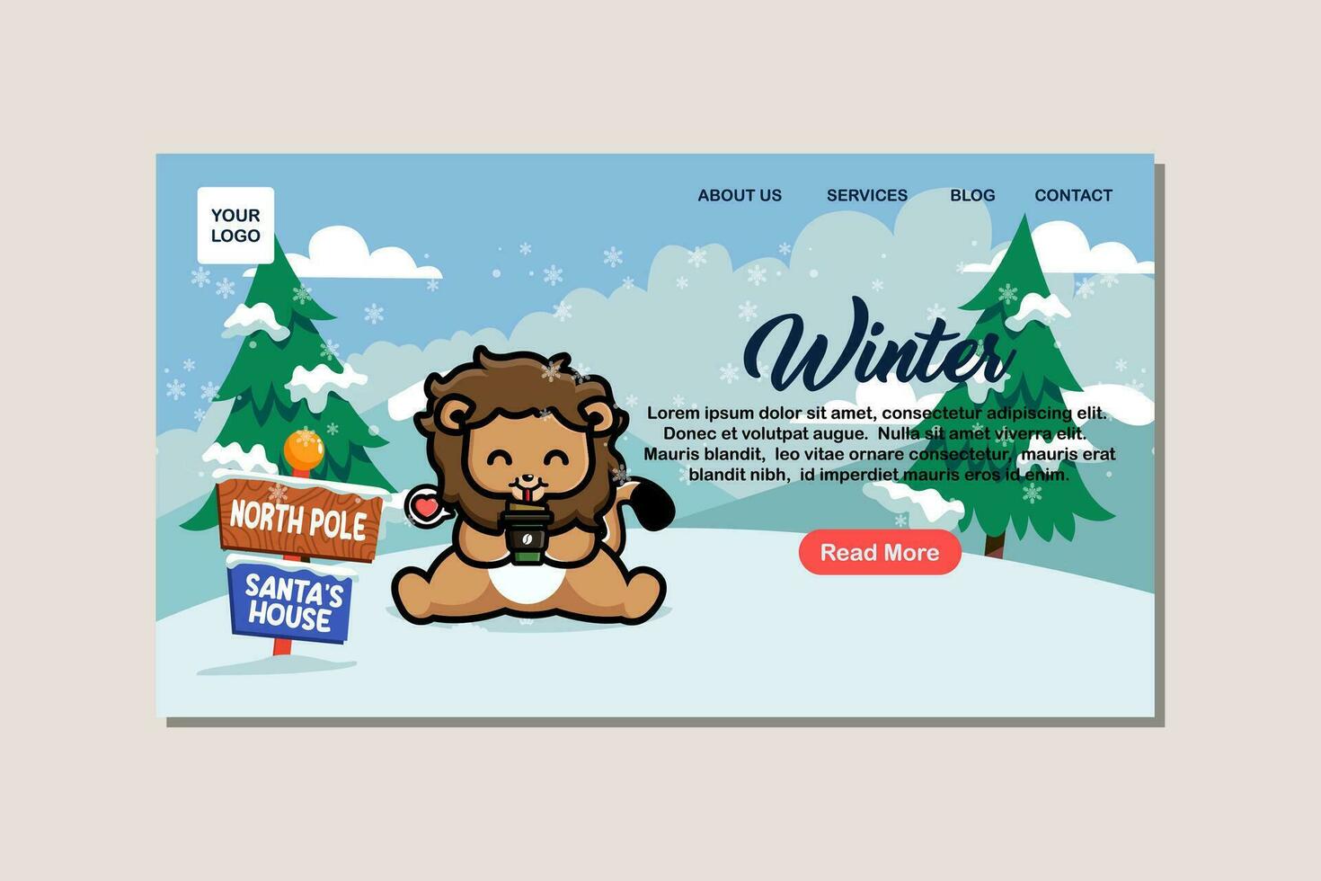 Landing page template for winter with cute lion vector