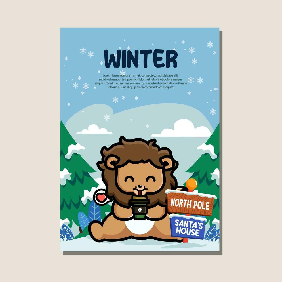 Poster template for winter with cute lion vector