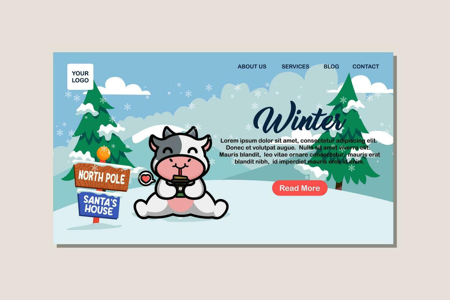 Landing page template for winter with cute cow vector