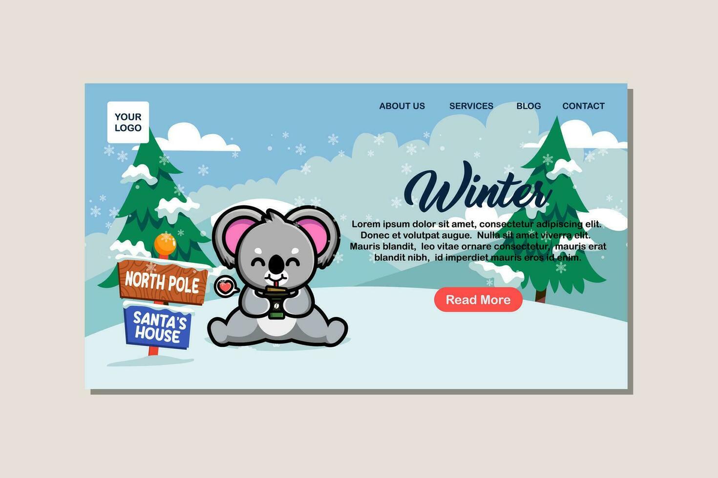 Landing page template for winter with cute koala vector