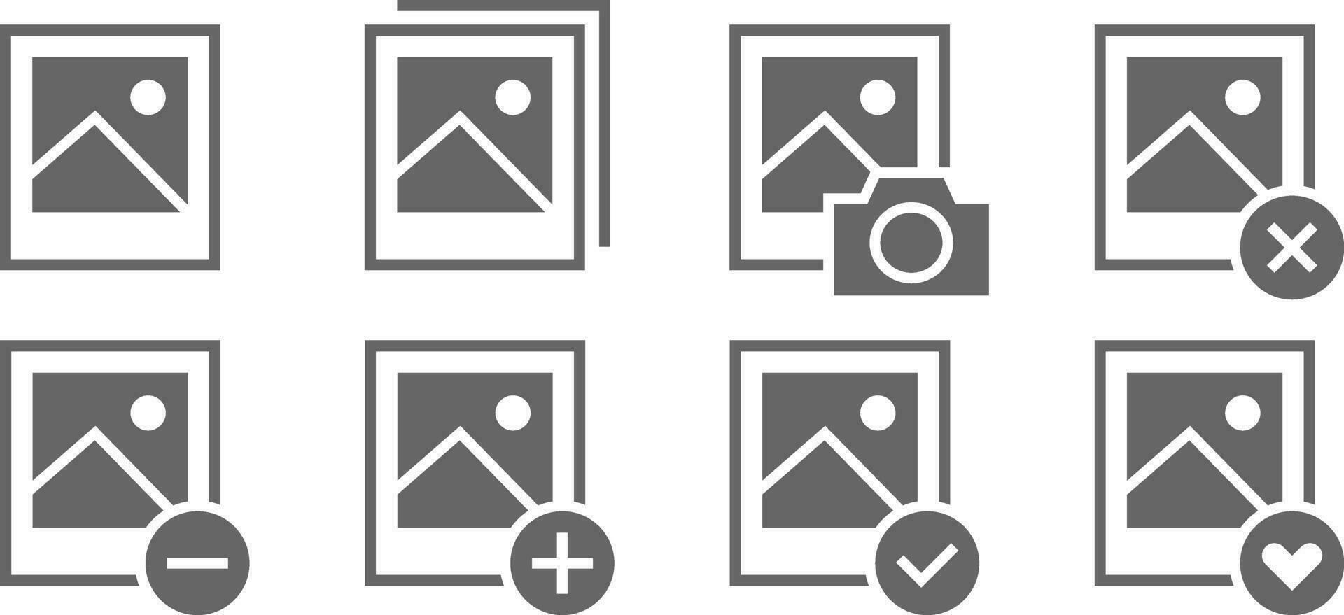 Set of image gallery icons. Vector collection digital photo album design. Picture edit, delete, add, favorite icon.