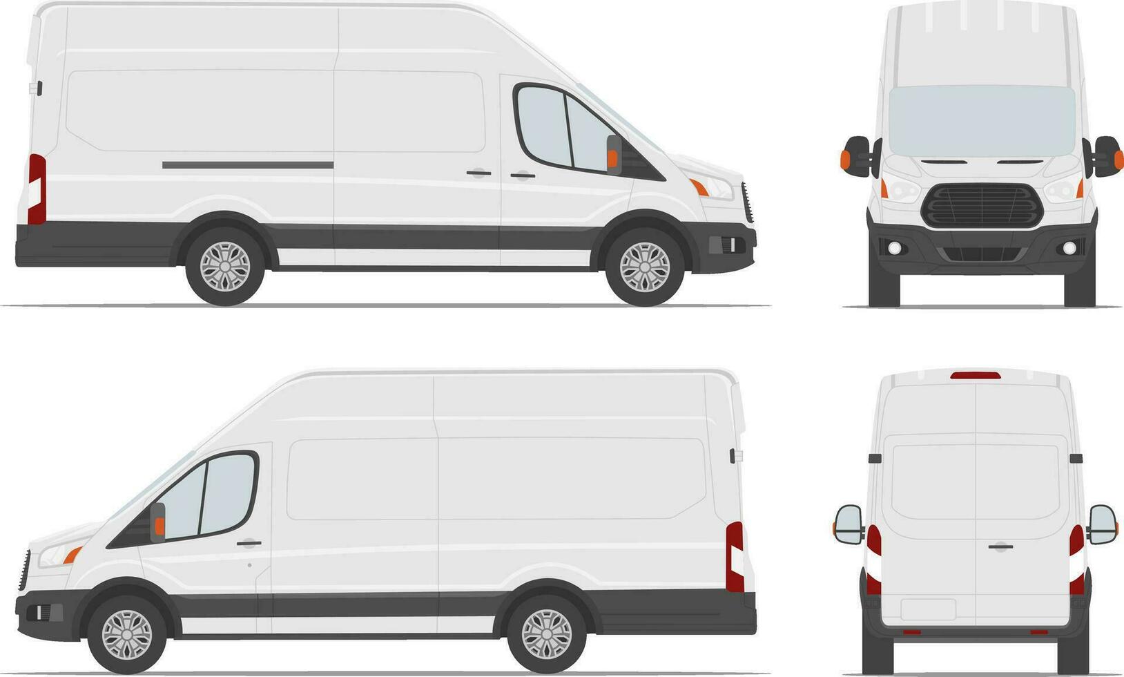 White cargo van car template in different angles. Vector illustration.