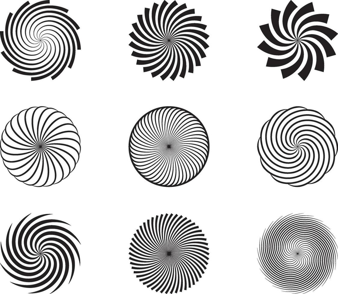 Spiral and swirl motion twisting circles design element set. Vector illustration.