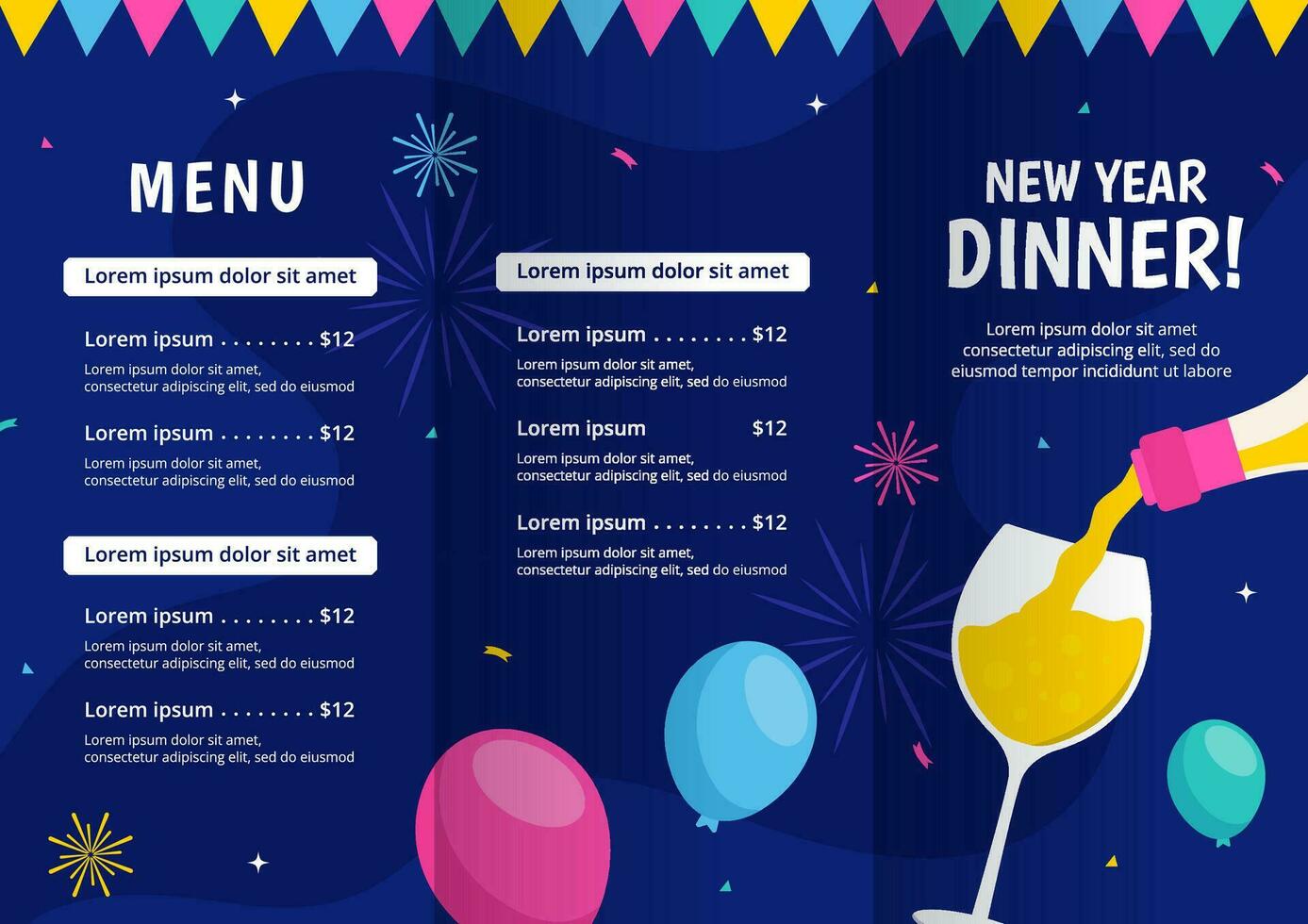 Happy New Year Brochure Illustration Flat Cartoon Hand Drawn Templates Background vector