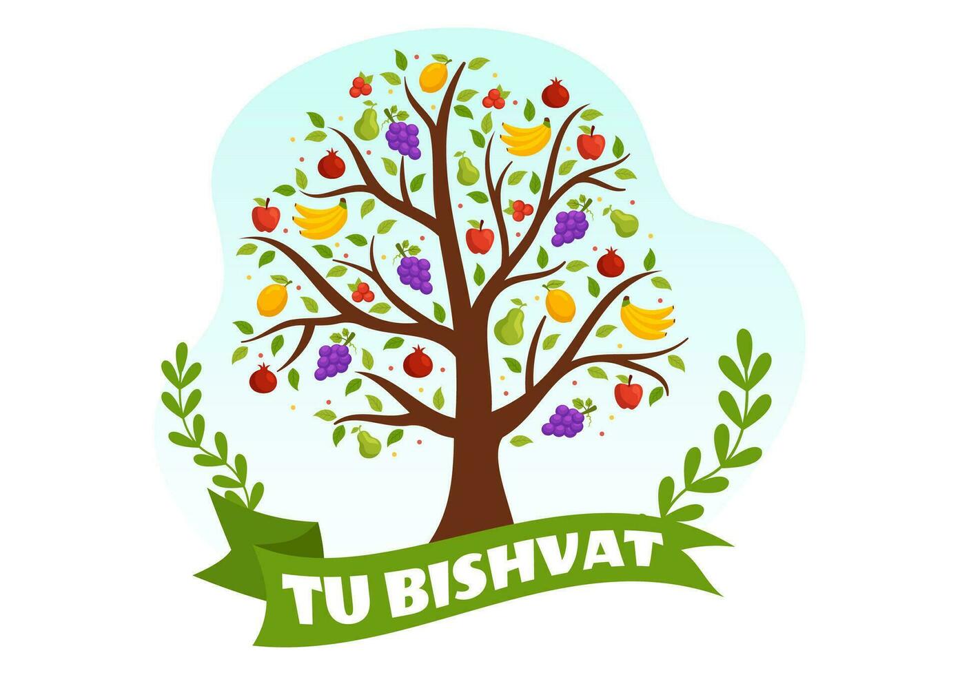 Happy Tu Bishvat Vector Illustration. Translation the Jewish New Year for Trees. Kids Planted a Tree in the Yard in Flat Cartoon Background Design