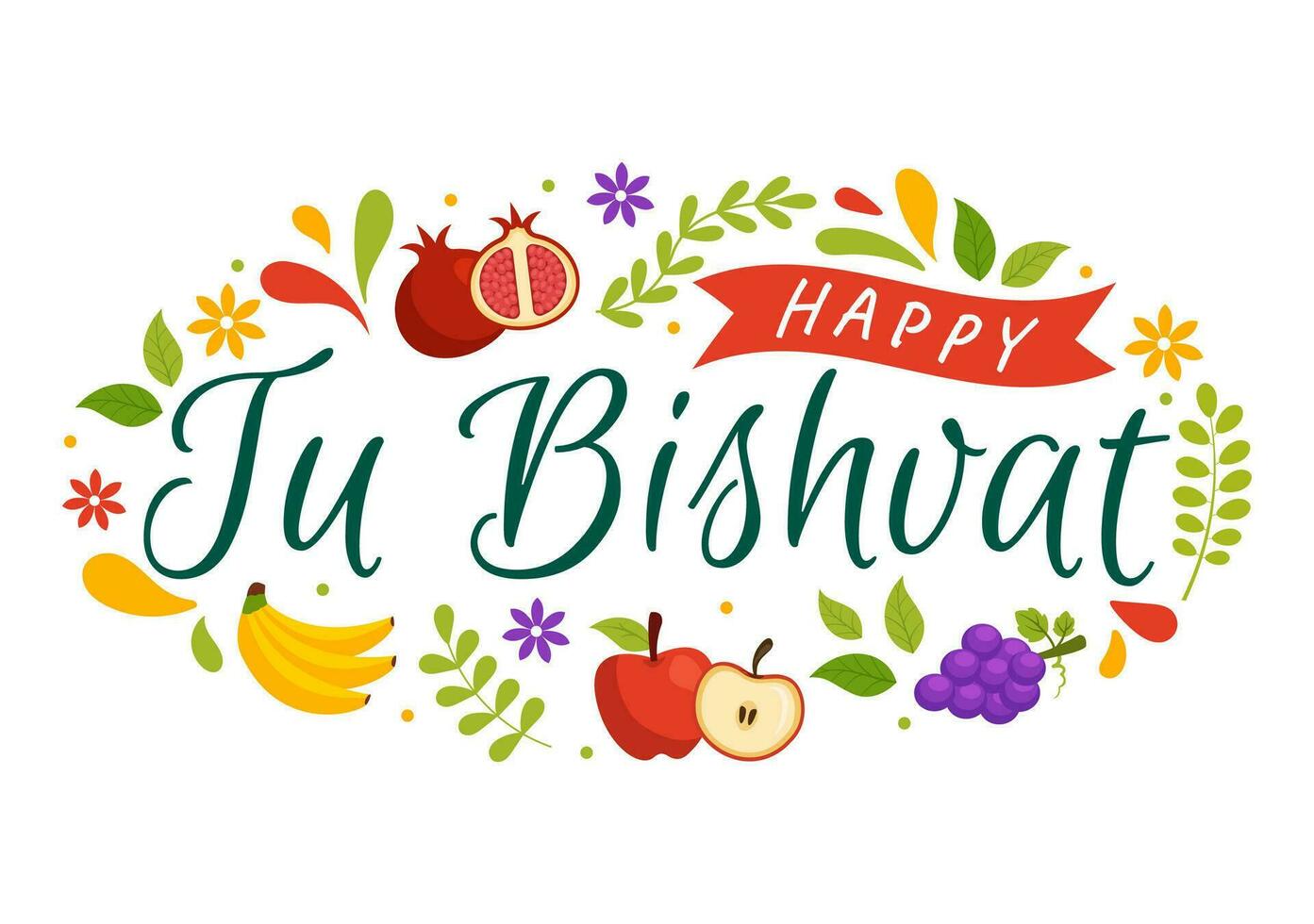 Happy Tu Bishvat Vector Illustration. Translation the Jewish New Year for Trees. Kids Planted a Tree in the Yard in Flat Cartoon Background Design