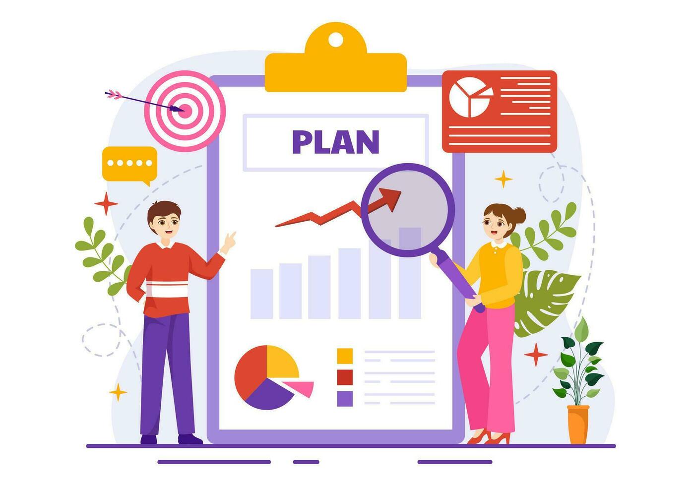 Business Plan Vector Illustration with Target, Planning, Workflow, Time Management, Statistical and Data Analysis in Flat Cartoon Background