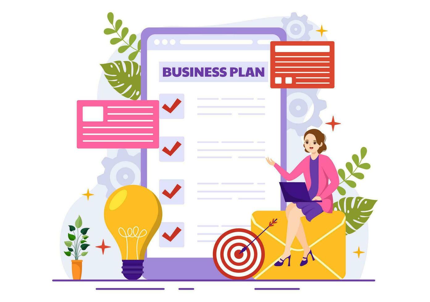 Business Plan Vector Illustration with Target, Planning, Workflow, Time Management, Statistical and Data Analysis in Flat Cartoon Background