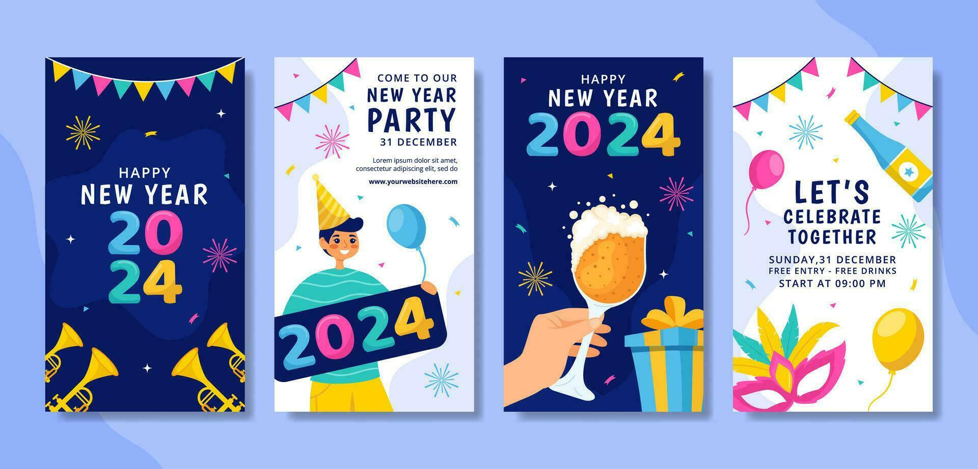 Happy New Year Social Media Stories Illustration Flat Cartoon Hand Drawn Templates Background vector