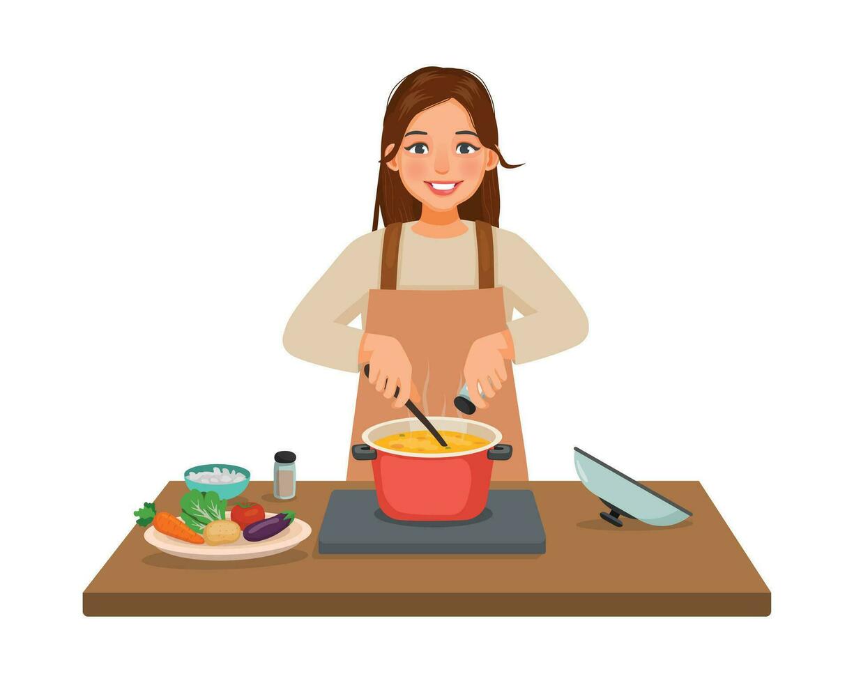 Young woman cooking delicious vegetable soup with pan adding spices in the kitchen vector