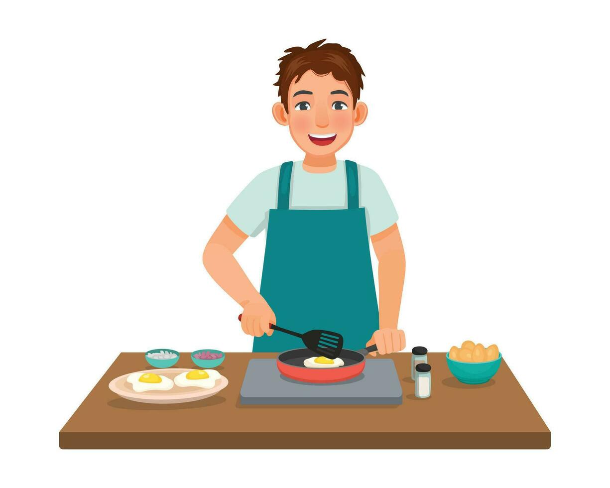 Young man cooking fried egg with frying pan in the kitchen vector