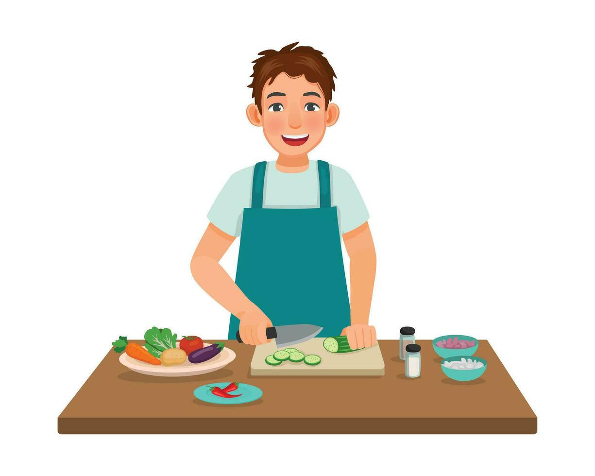 Young man cooking meal cutting slicing cucumber vegetable with knife in the kitchen vector