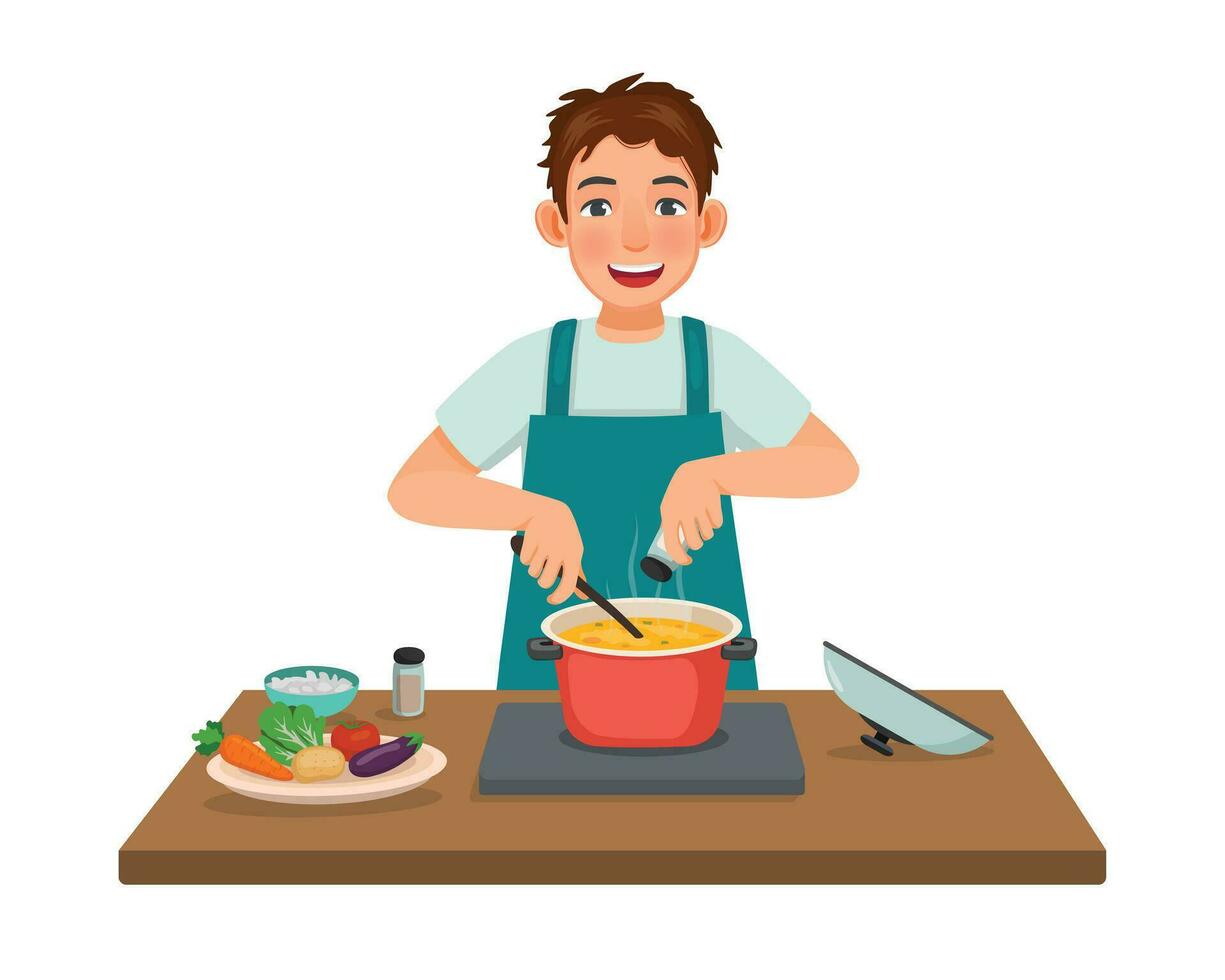 Young man cooking delicious vegetable soup with pan adding spices in the kitchen vector