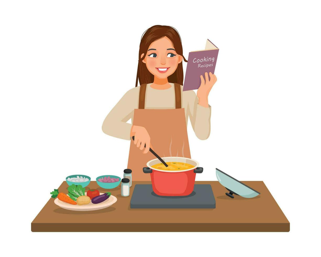 joven mujer Cocinando comida leyendo receta libro en el cocina vector