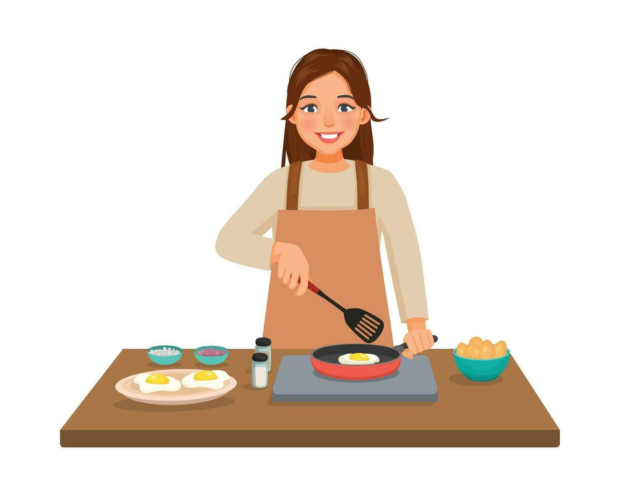 Young woman cooking fried egg with frying pan in the kitchen vector