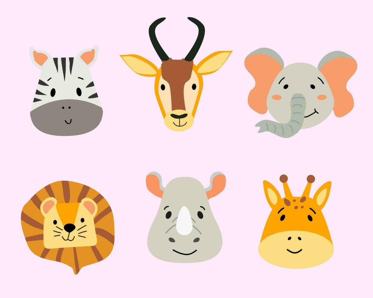 Cute faces of African animals.  Zebra, elephant, lion, giraffe, antelope and rhinoceros in a flat cartoon style. Funny wild animals. Isolated background. vector