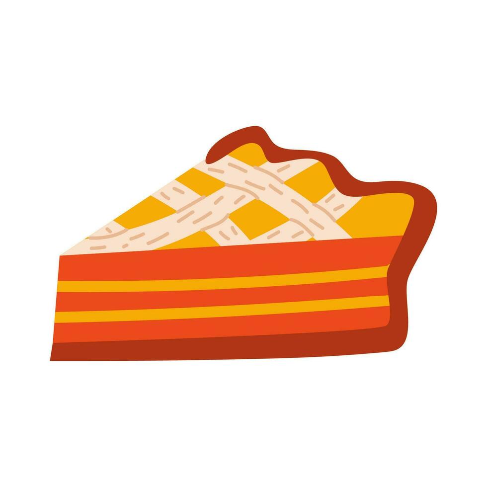 Vector slice of cake. Autumn beautiful orange pie. Hand drawn sweetness. White isolated background.