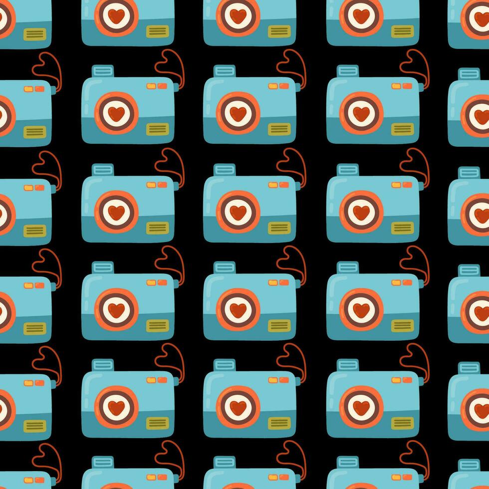 hand drawn photo camera with heart vector seamless pattern. Love camera Cartoon Valentines day Romantic texture background