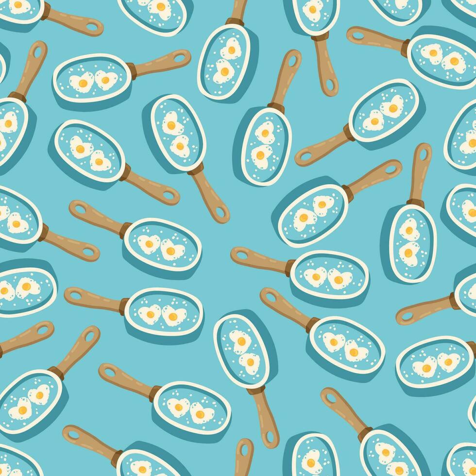 heart shaped scrambled eggs in a frying pan vector seamless pattern. Valentine Day lovers breakfast Romantic texture background.