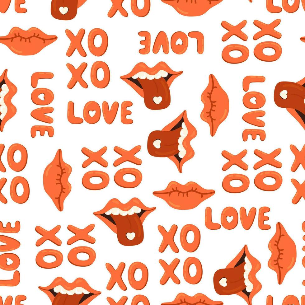 Love, red female lips vector seamless pattern. Cartoon Valentines day Romantic texture background