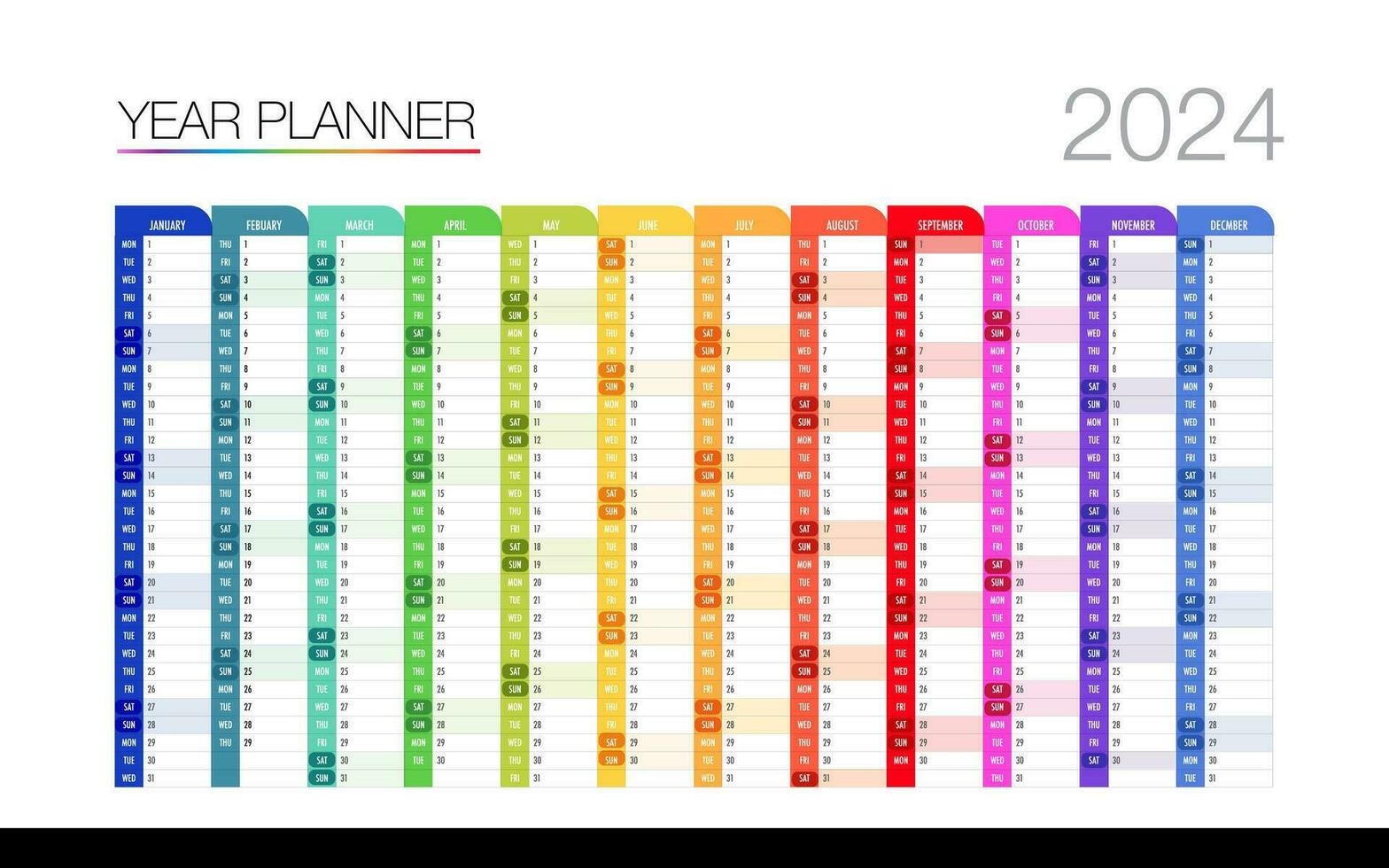 12 month year plan week and day color calendar template design for business vector