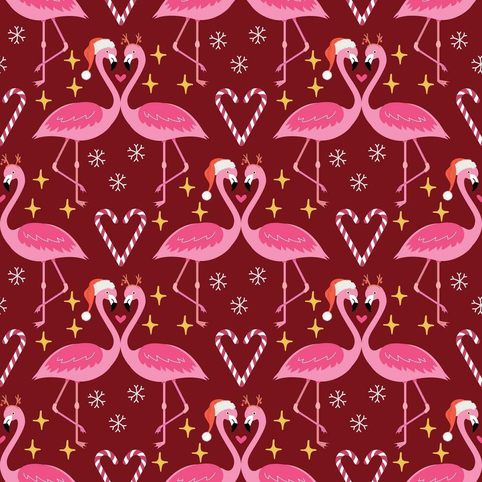 Christmas seamless pattern with flamingos on red background vector