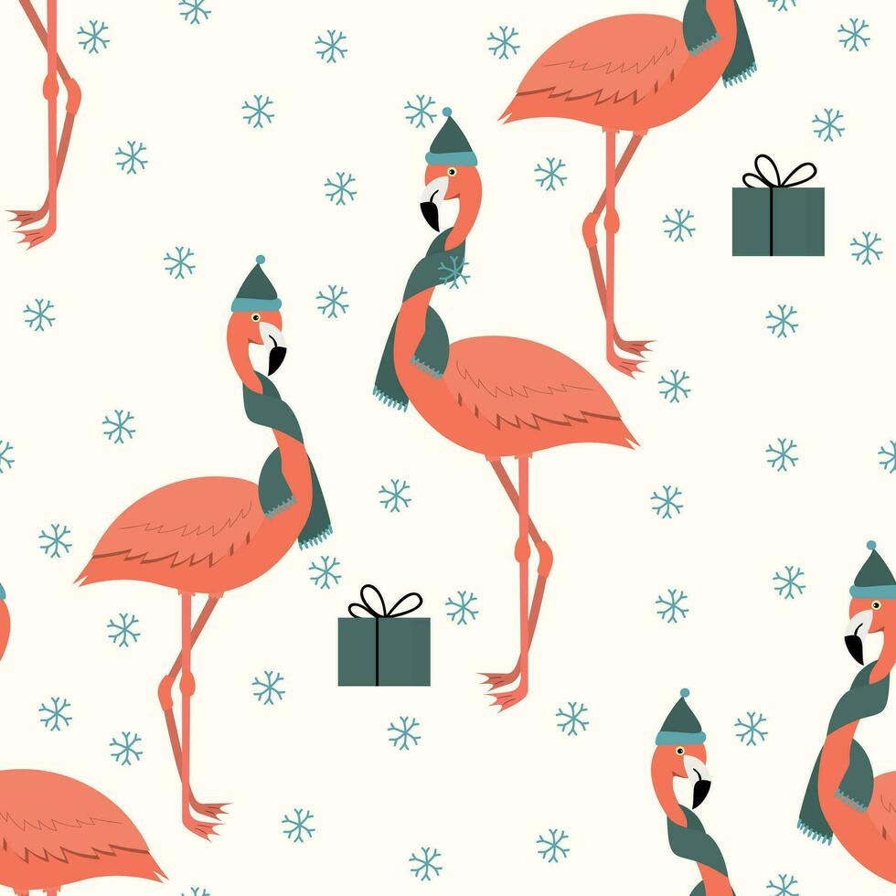 Flamingo Christmas Pattern With Gift Box. vector