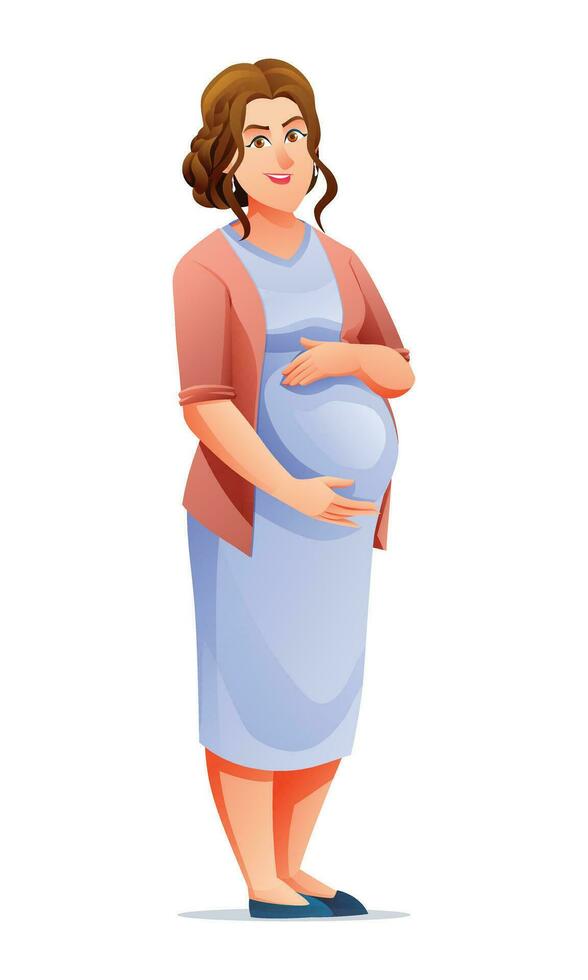 Happy pregnant woman hugging her belly. Vector cartoon illustration