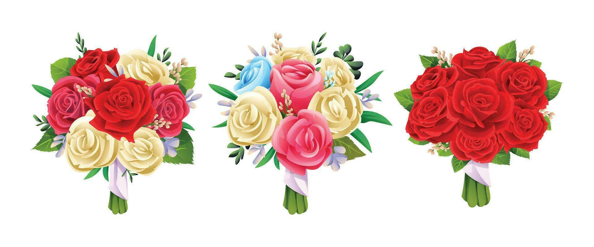 Set of beautiful rose bouquets isolated on white background. Vector illustration of bridal bouquet