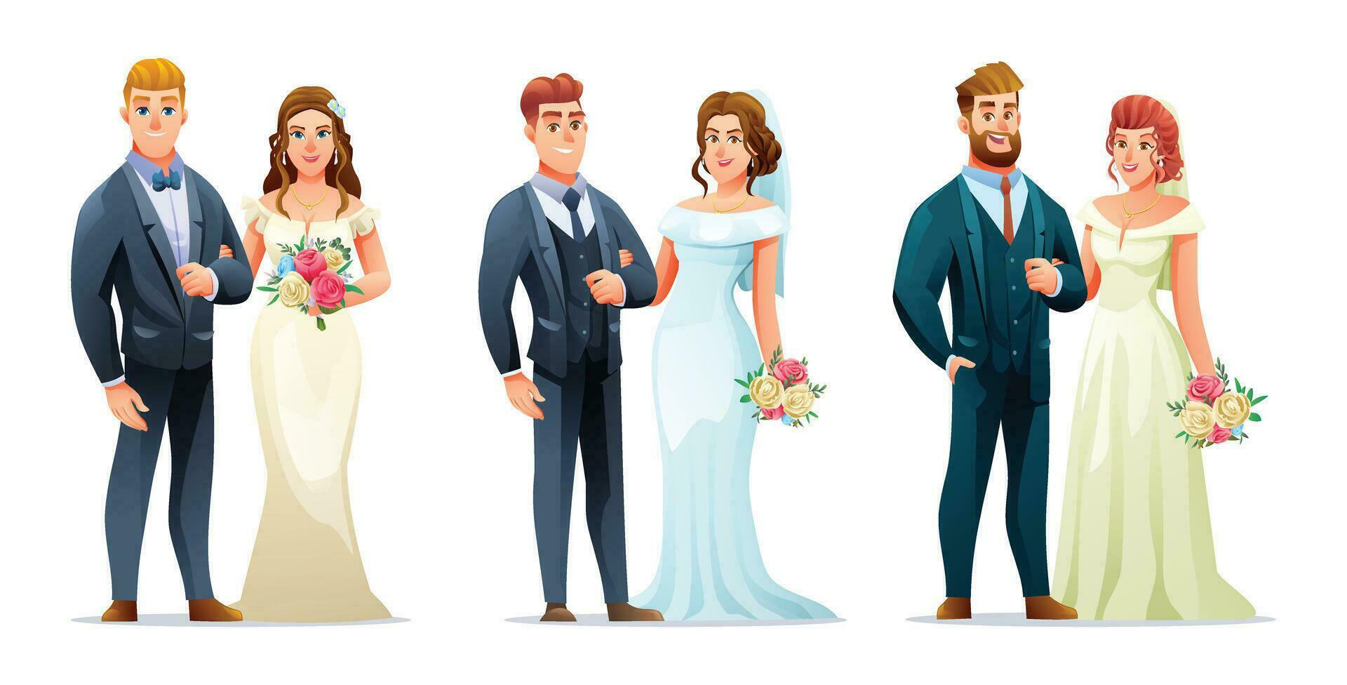 Set of wedding couple bride and groom characters. Vector cartoon illustration