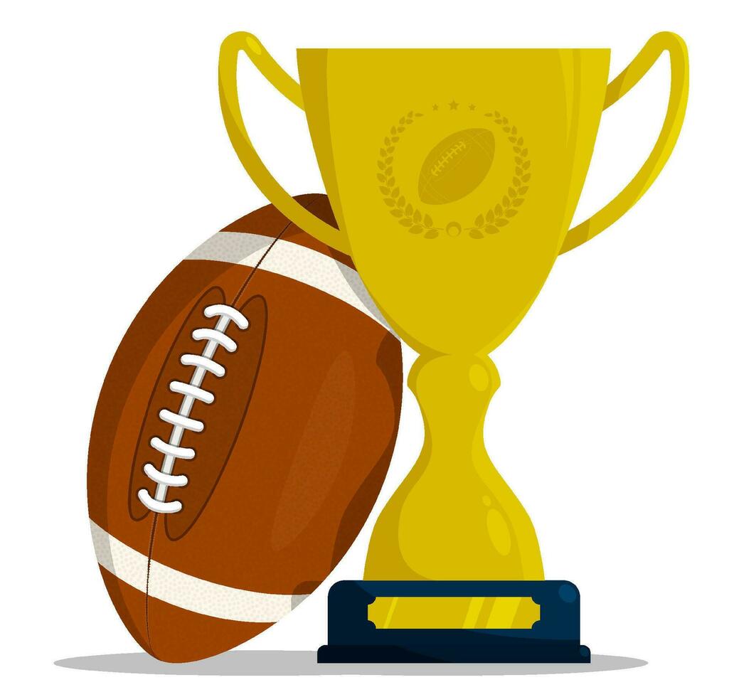 Prize sports cup with ball for participation in american football competitions. Award trophy to winner of tournament. Vector in cartoon style