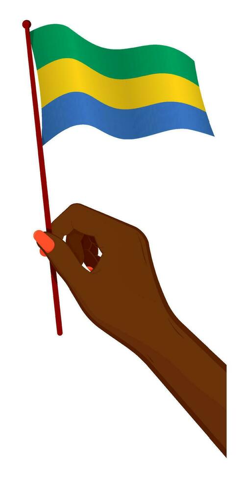 Female hand gently holds small flag of Gabon. Holiday design element. Cartoon vector on white background